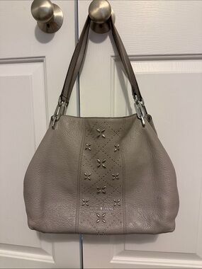 Michael Kors Gray Leather Shoulder Bag with Floral Stud Detail